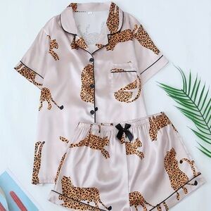 Leopard Print Satin Pajama Set womens size small designer silk pajamas matching